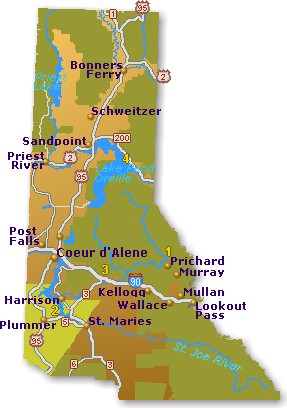Free online road map showing travel destinations and towns in North Idaho: (34696 bytes)