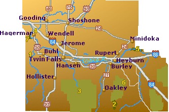 Town and road map of South Central Idaho showing highways and tourist attractions: (30919 bytes)