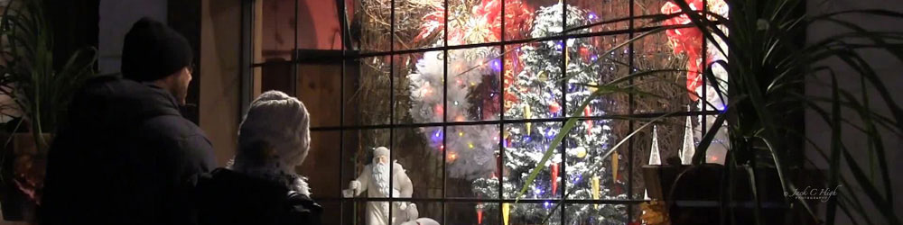 Colorful Christmas window display in one of the shops in downtown Leavenworth 