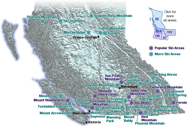 Relief map of alpine ski areas in BC