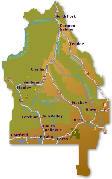 Free online road map showing travel destinations and towns in Central Idaho: (45796 bytes)