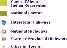Map legend including highways, national forests, Indian reservations: (15003 bytes)