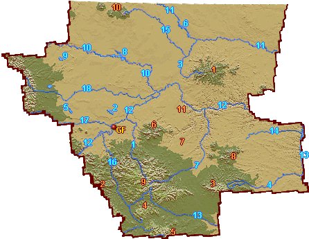 Topographic map of North Central Montana showing main rivers and mountain ranges: (46973 bytes)