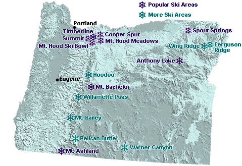 Map of downhill ski areas in Oregon.