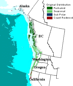 Map of coastal temperate rainforests in the Pacific Northwest