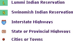 Map legend including highways, Indian reservations