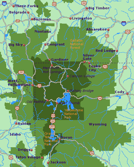 Map at GoNorthwest.com of area surrounding Yellowstone National Park