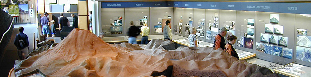 Visitors exploring museum photographs of Mt St Helens