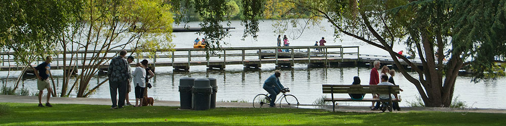 People enjoying the park by the water