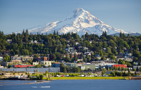 Hood River, Oregon with Mount Hood in background.