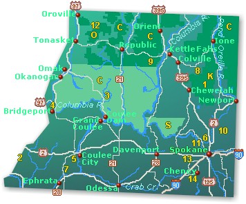 Town and road map of Northeast Washington state showing highways and tourist attractions