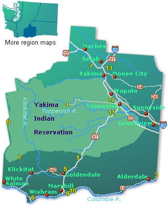 Town and road map of Southeast Washington state showing highways and tourist attractions