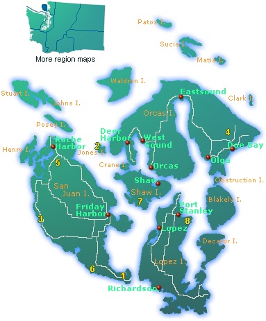 Map of San Juan Islands showing roads, towns, and tourist attractions