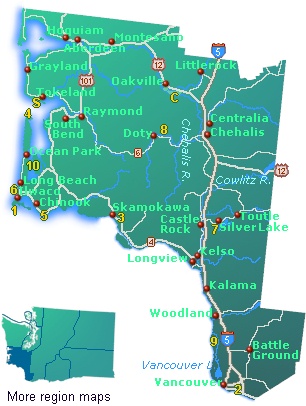 Town and road map of Southwest Washington state showing highways and tourist attractions